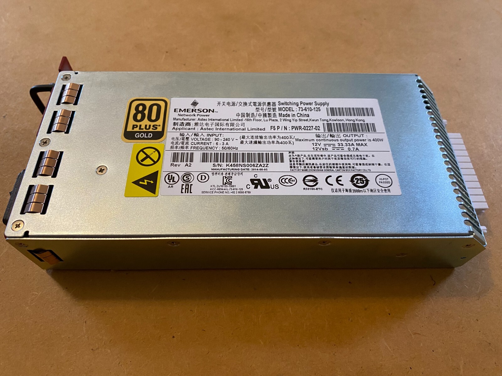 F5 Emerson 400W 80 Plus Gold Power Supply (73-610-125 PWR-0227-02) - Tested