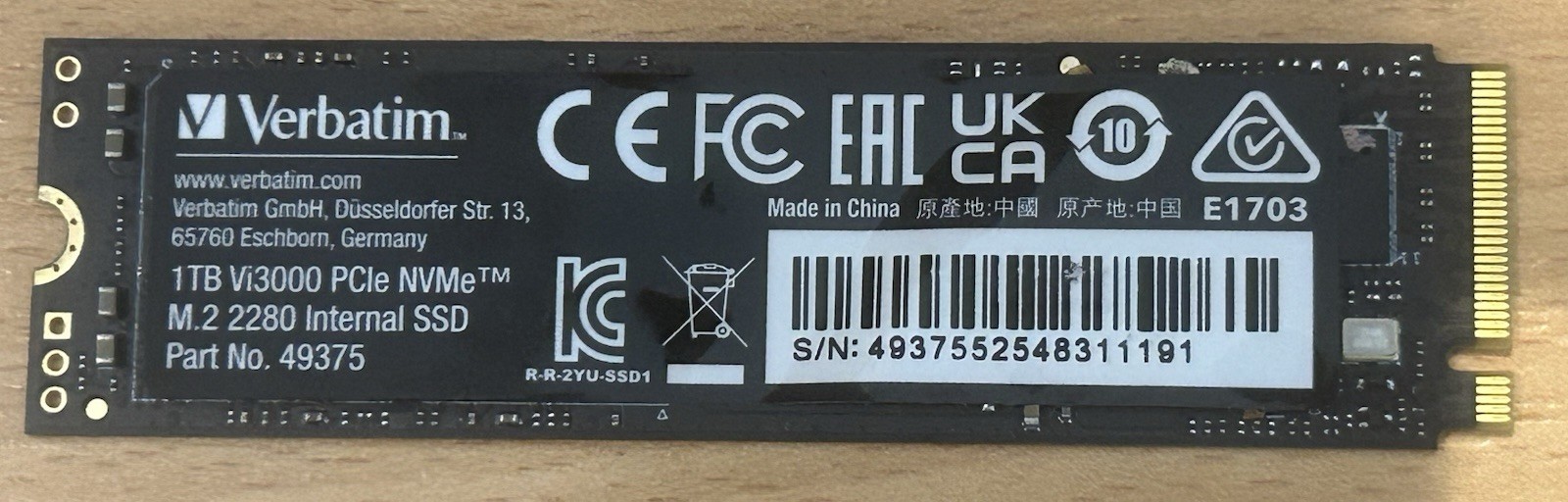 Verbatim Vi3000 PCIe NVMe M.2 1TB SSD