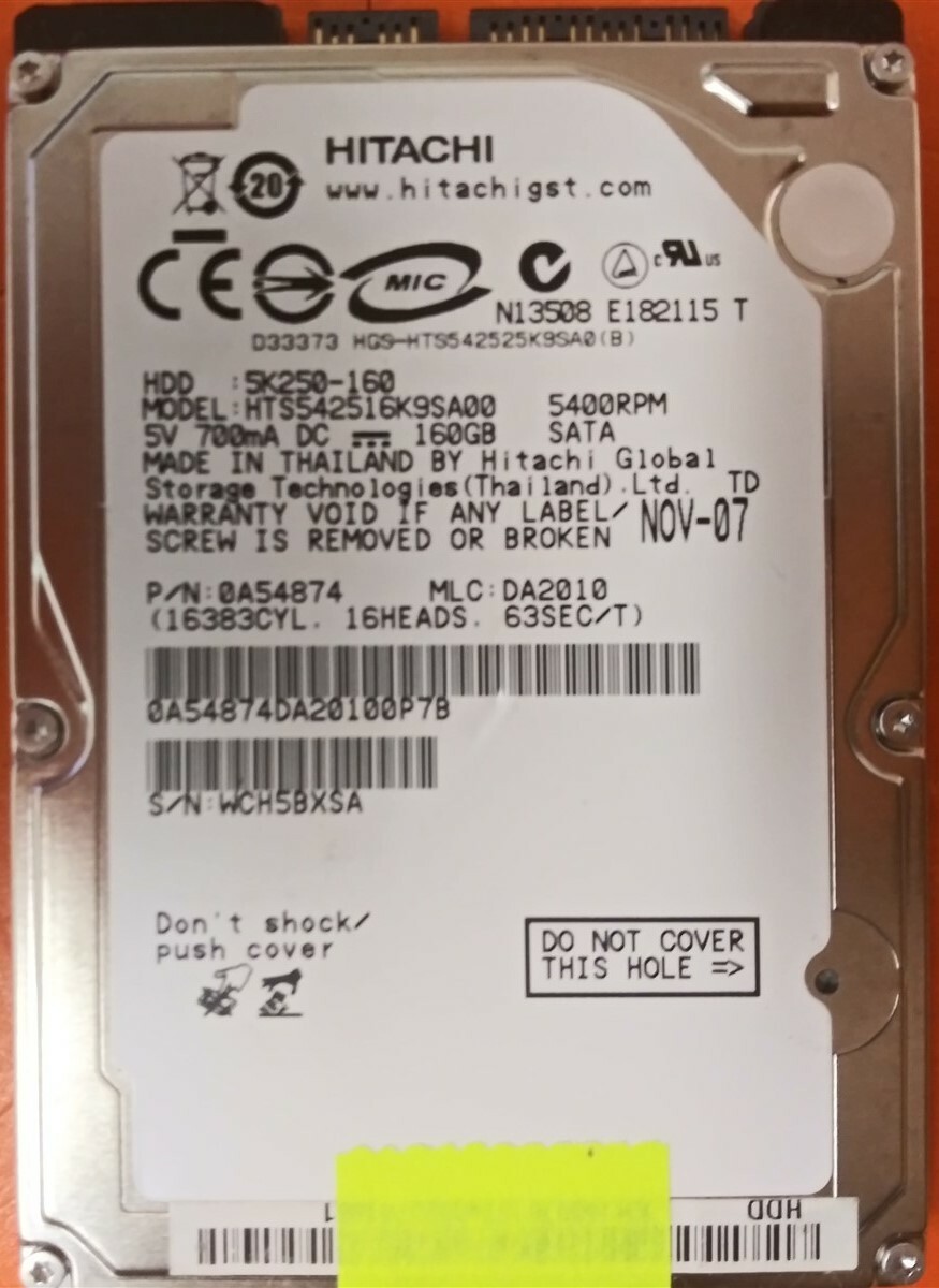 ⭐️⭐️⭐️⭐️⭐️ HDD Hard Drive SATA Laptop 2.5" Hitachi HTS542516K9SA00 160GB A54874