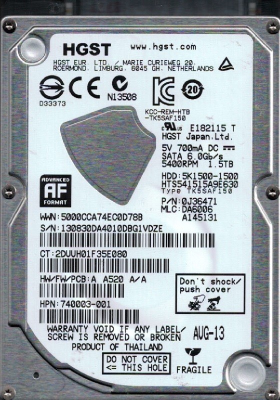 HGST HTS541515A9E630 P/N: 0J36471 MLC: DA6006 1.5TB