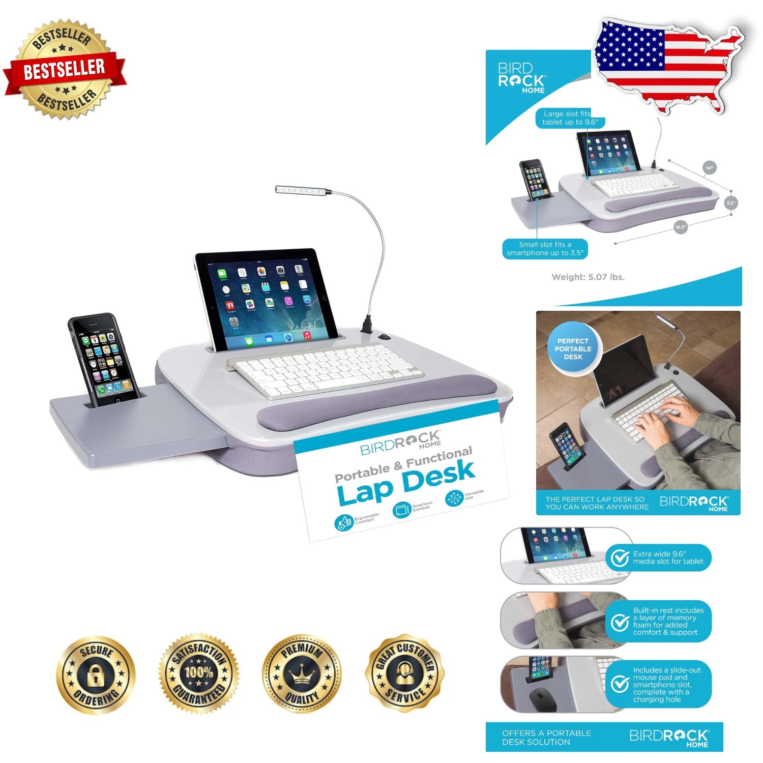 Memory Foam Lap Desk w/ USB Light - 15" Laptop, Tablet/Phone Slots, Mouse Deck