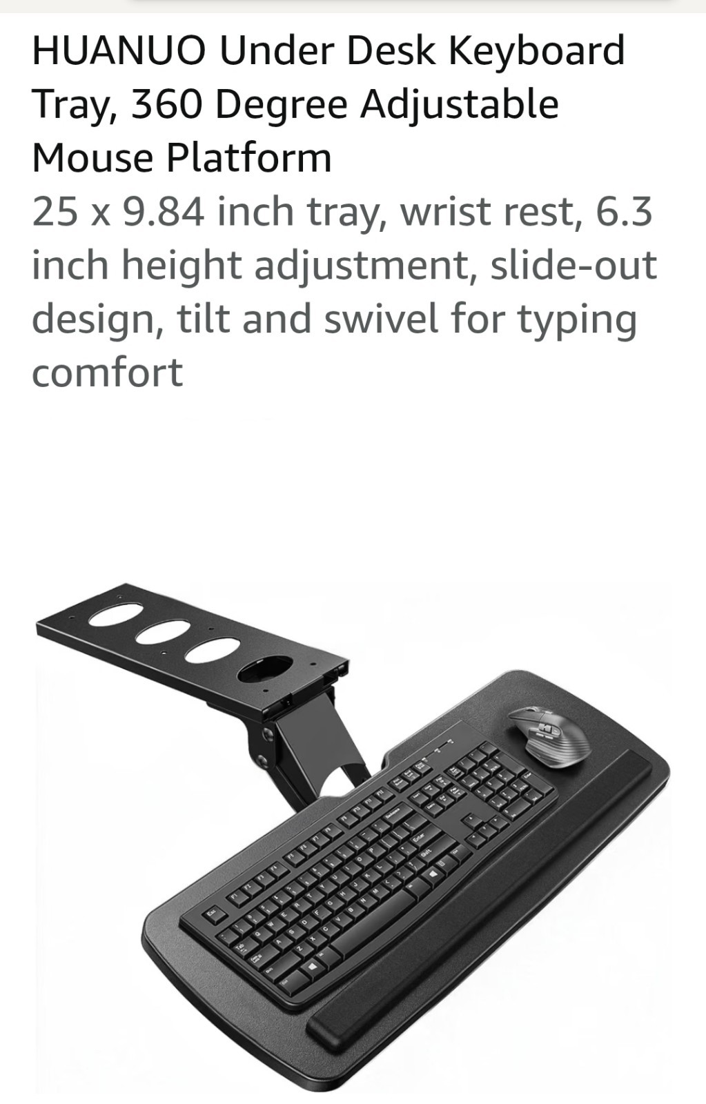 Huanuo 360° Adjustable Under Desk Keyboard Tray 25″ × 9.8″ (Black)- NEW