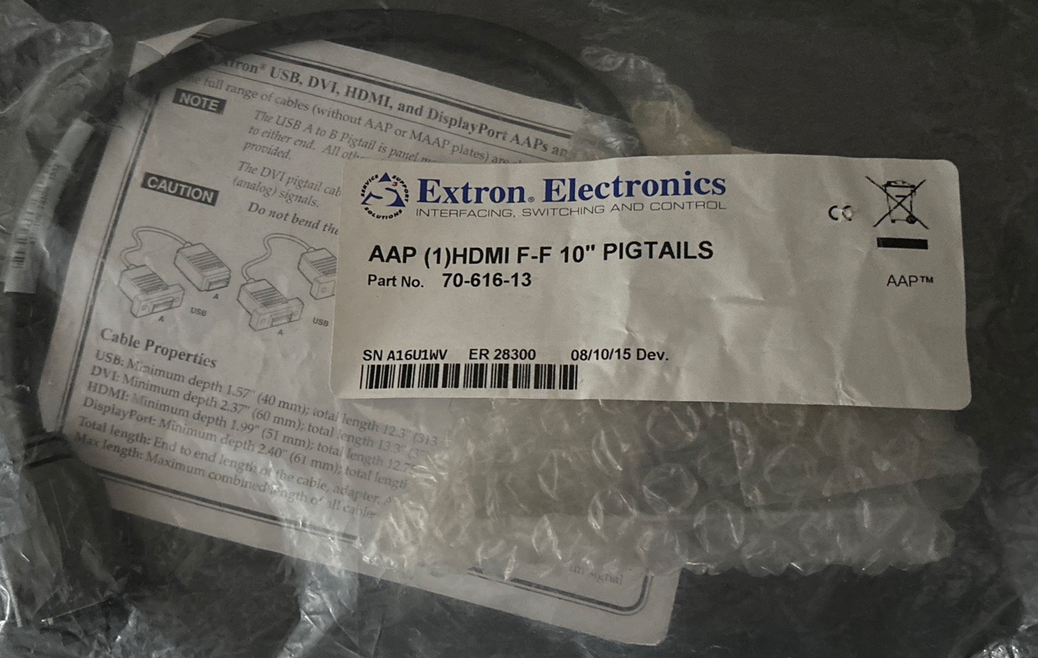 NEW Extron 70-616-13 AAP (1) HDMI F-F 10" PIGTAILS