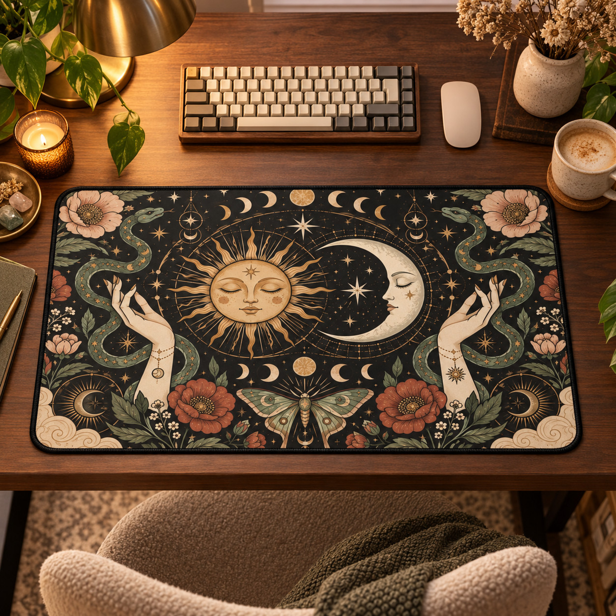 Celestial Sun Moon Desk Mat, Witchy Floral Mouse Pad, Boho Office Decor
