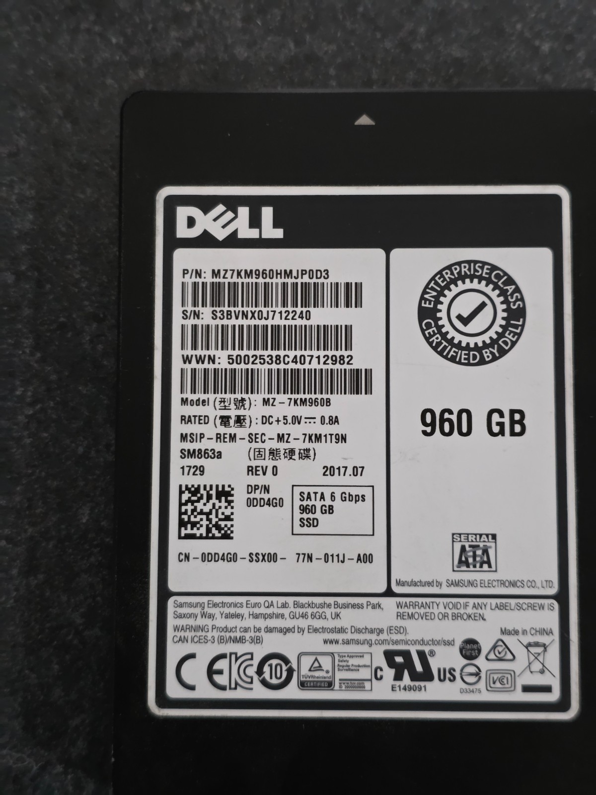 Dell Samsung SM863a 960GB Enterprise SATA 2.5'' Server SSD (MZ-7KM960B)