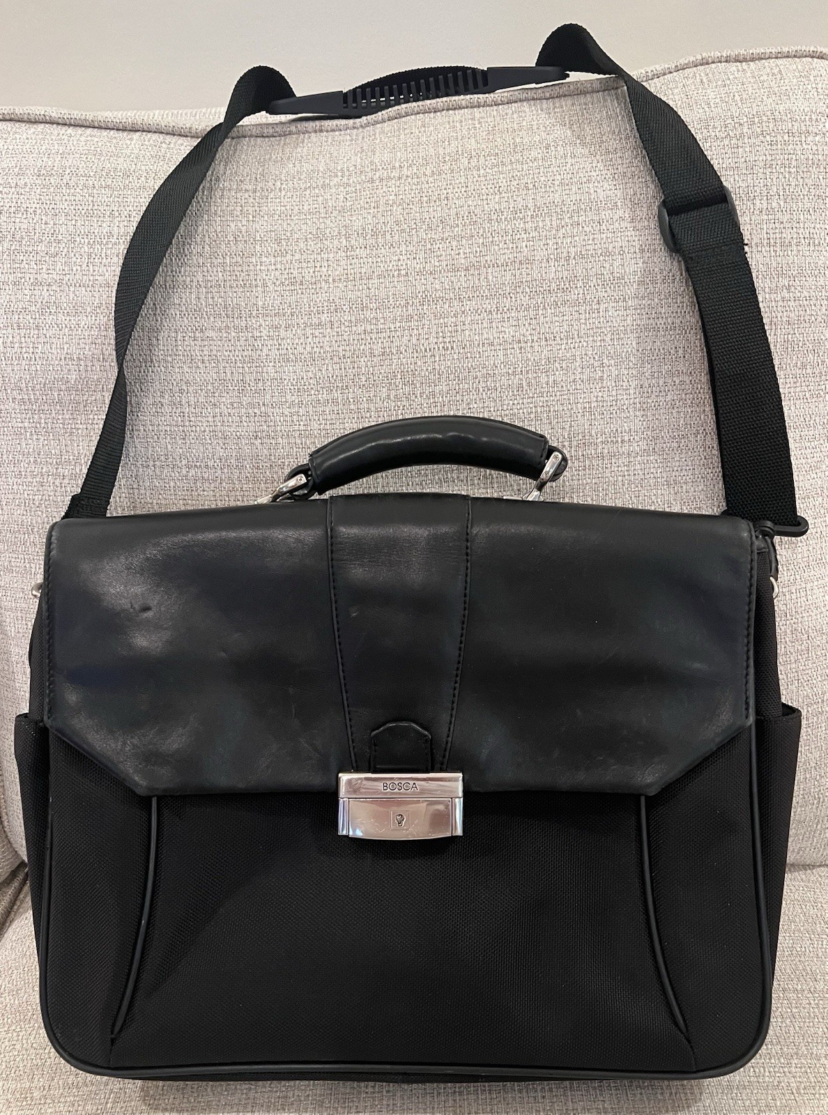 Bosca Black Leather & Fabric Double Gusset Messenger Laptop Briefcase Bag & Stra