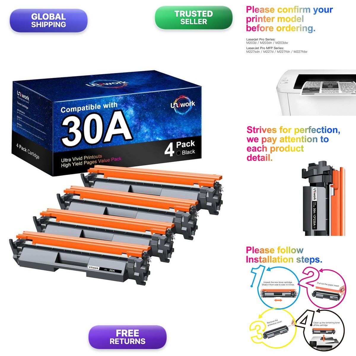 Uniwork 30A Black Toner Cartridge 4 Black - Compatible CF230A Toner Cartridge