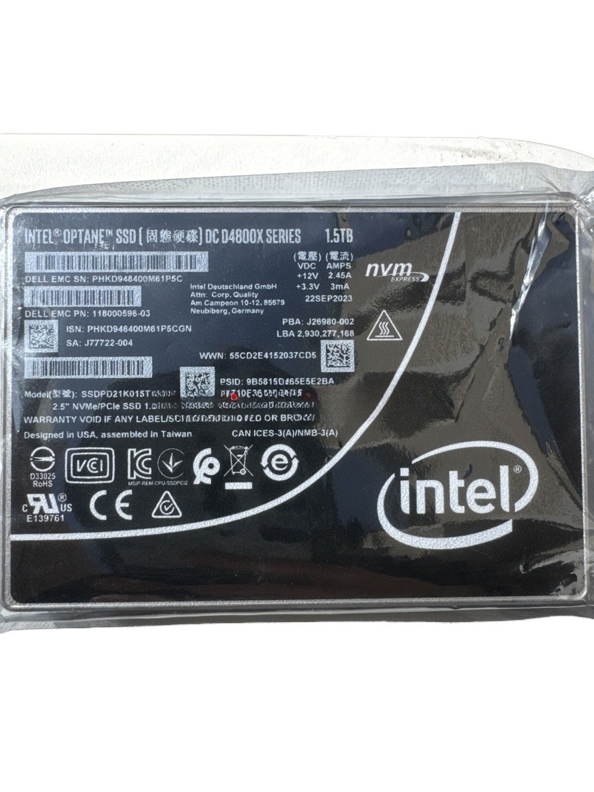 EMC Intel 1.5TB Optane DC D4800X U.2 NVMe PCIe 3.0 SSD SSDPD21K015TAM 2.5”