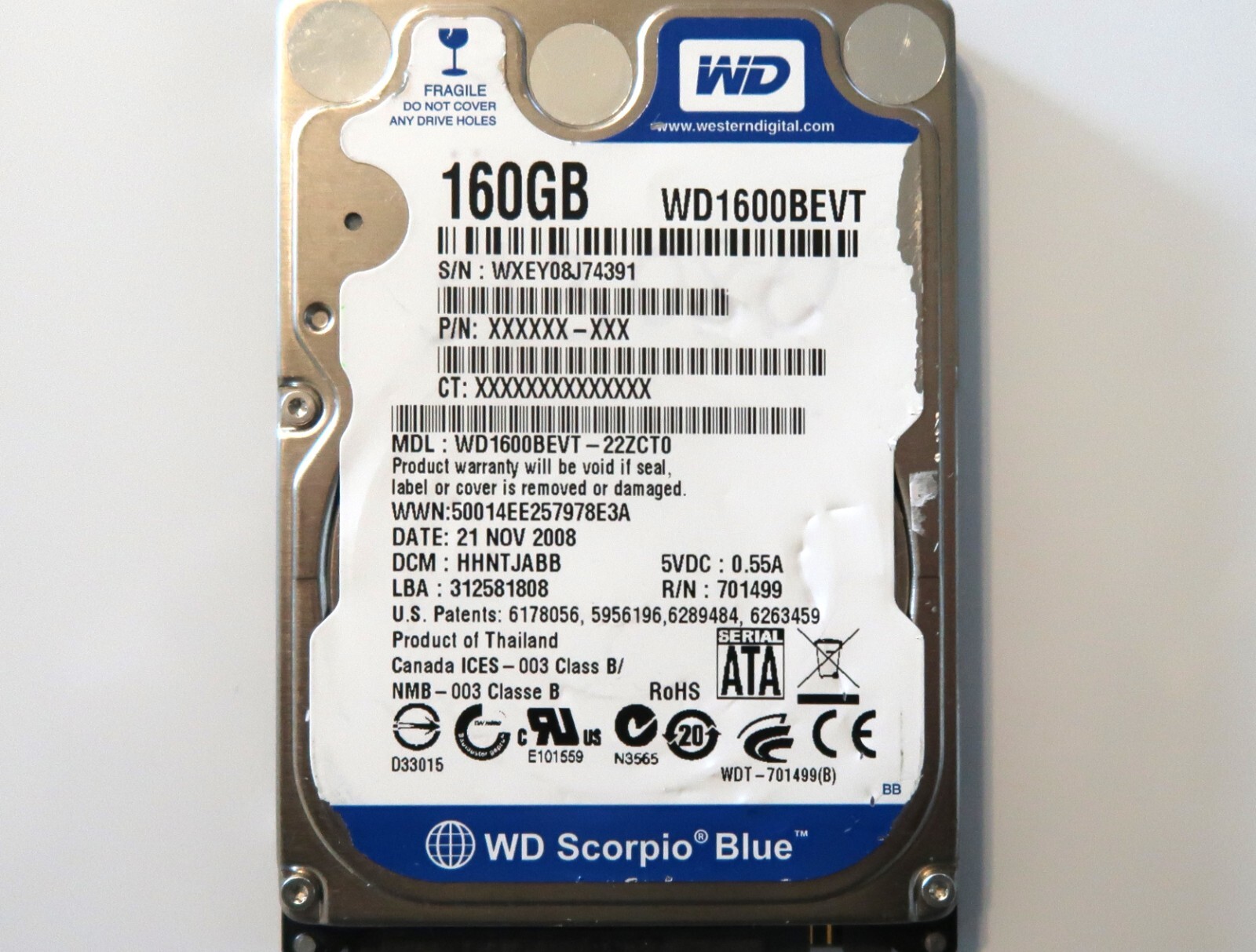 WD WD1600BEVT-22ZCT0 HHNTJABB (WXEY) Thailand 2.5" 160gb Sata HDD 21NOV2008