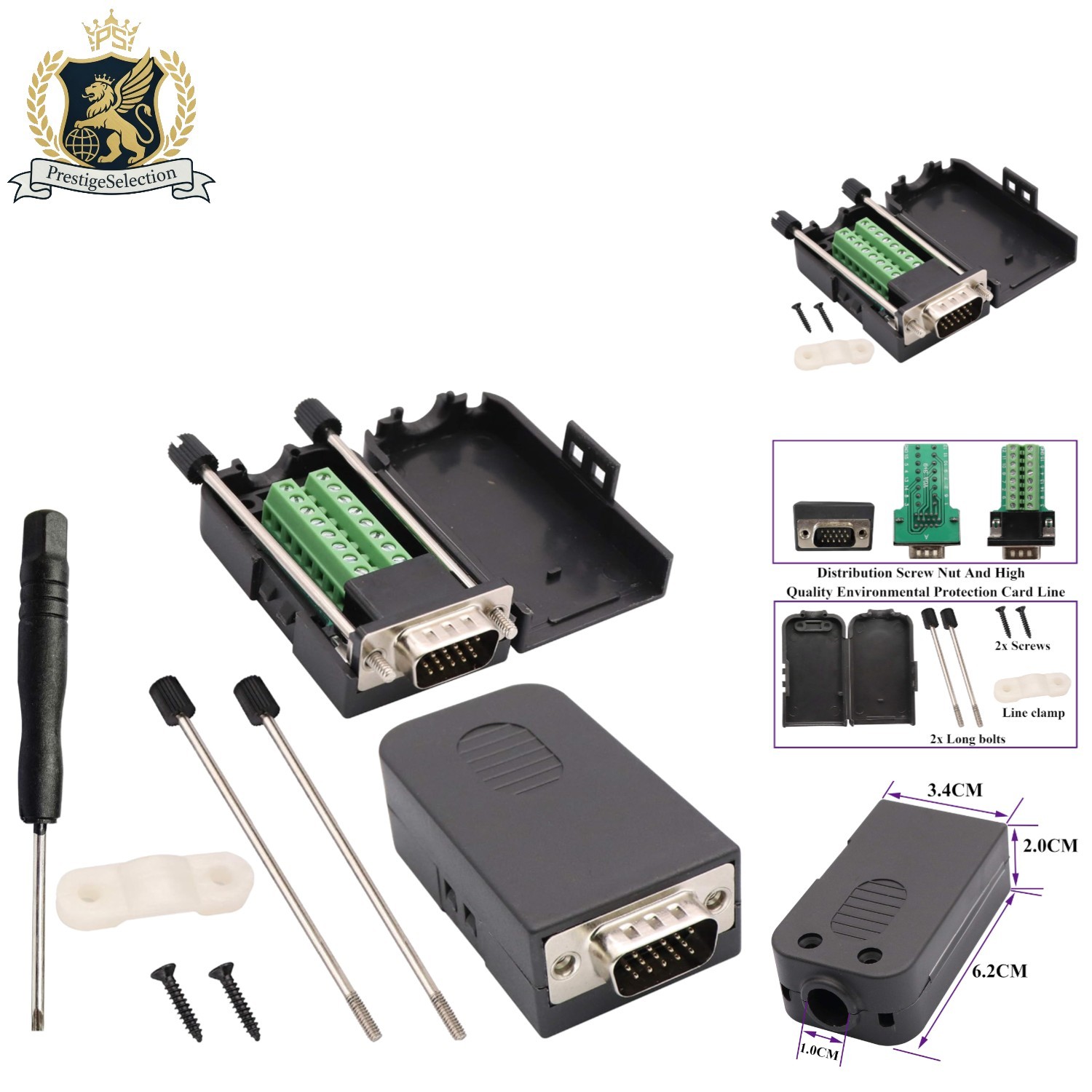2-Pack VGA DB15 Male to 16-Pin Female Screw Terminal Adapter with Ground Wire
