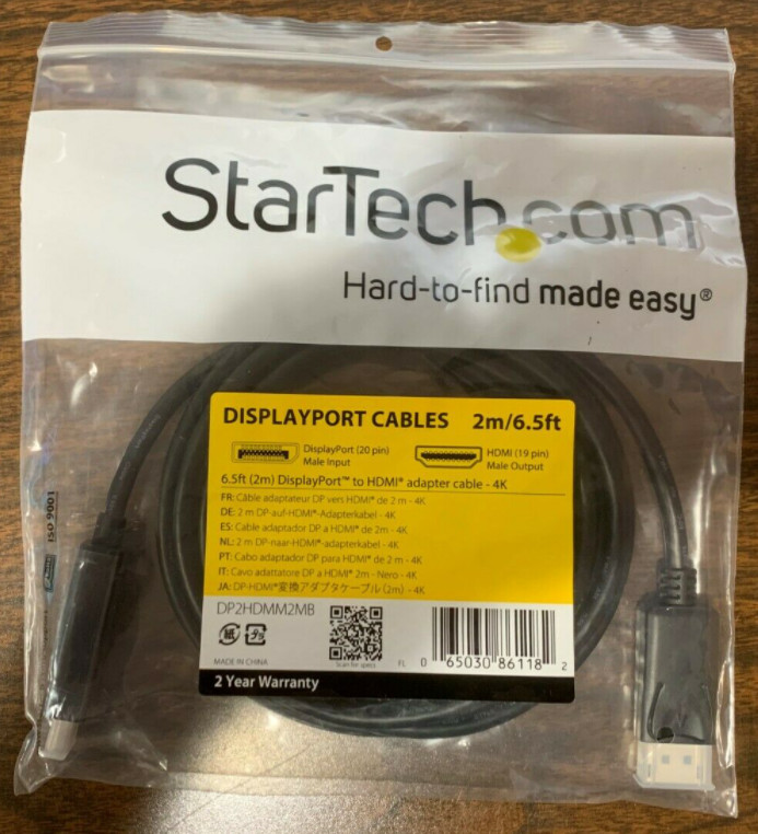 StarTech DisplayPort to HDMI Cable – 6.5 ft / 2m - 4K 30Hz (DP2HDMM2MB) – Black