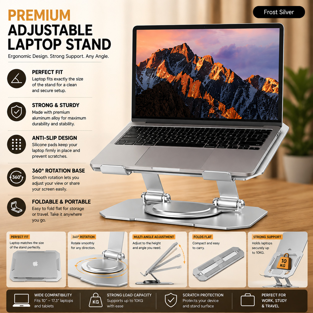 360° Rotatable Laptop/Tablet Stand Adjustable Foldable Desktop Holder for iPad