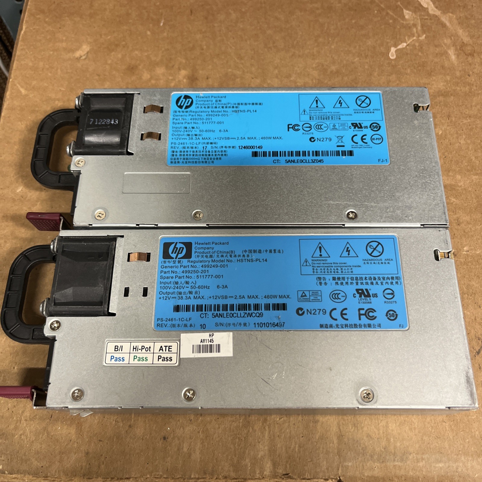 Lot of 2 HP HSTNS-PL14 Power Supplies - 499249-001, 499250-201