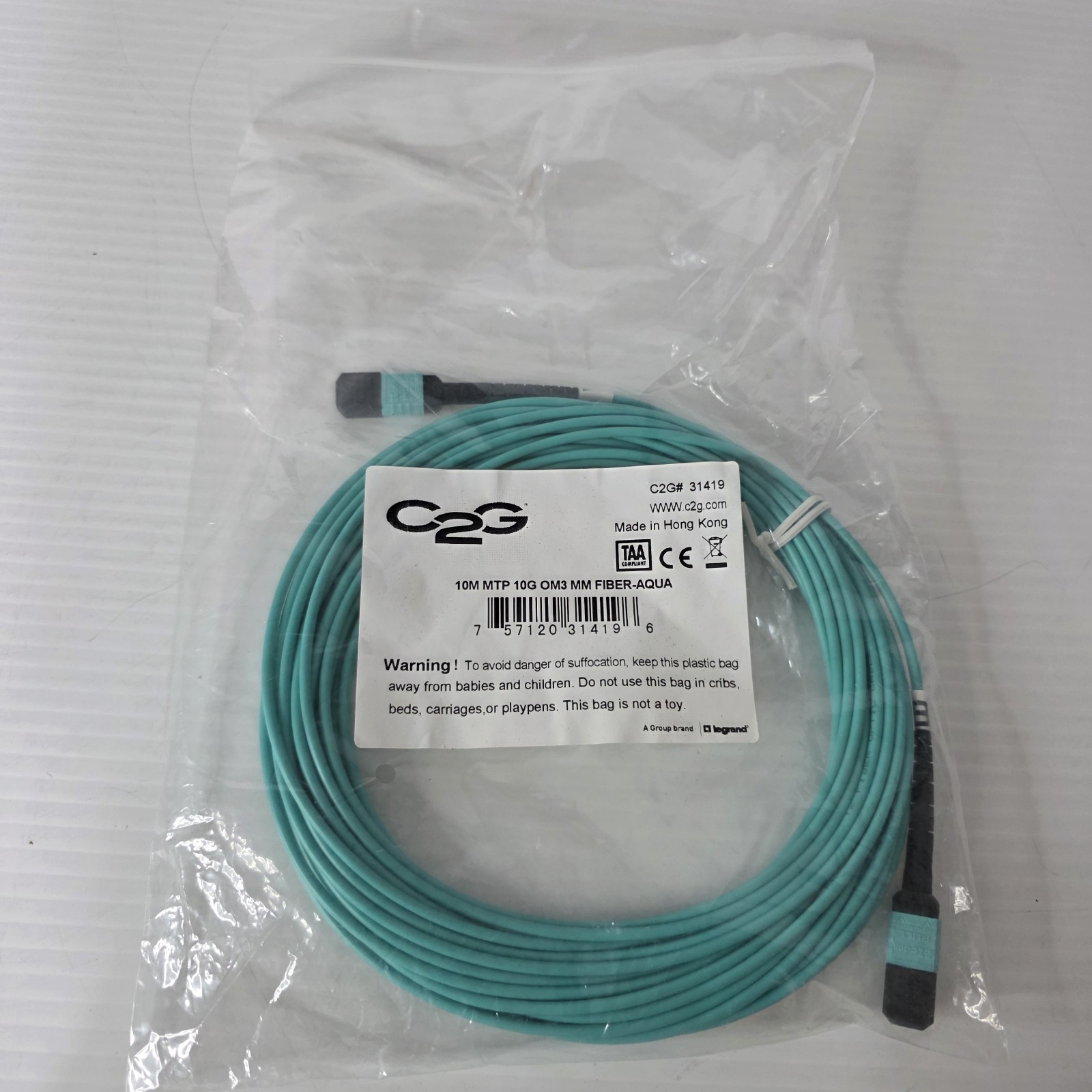 Legrand 31419 10M MTP 10G OM3 MM FIBER-AQUA Fiber Optic Cable C2G New 30 Ft