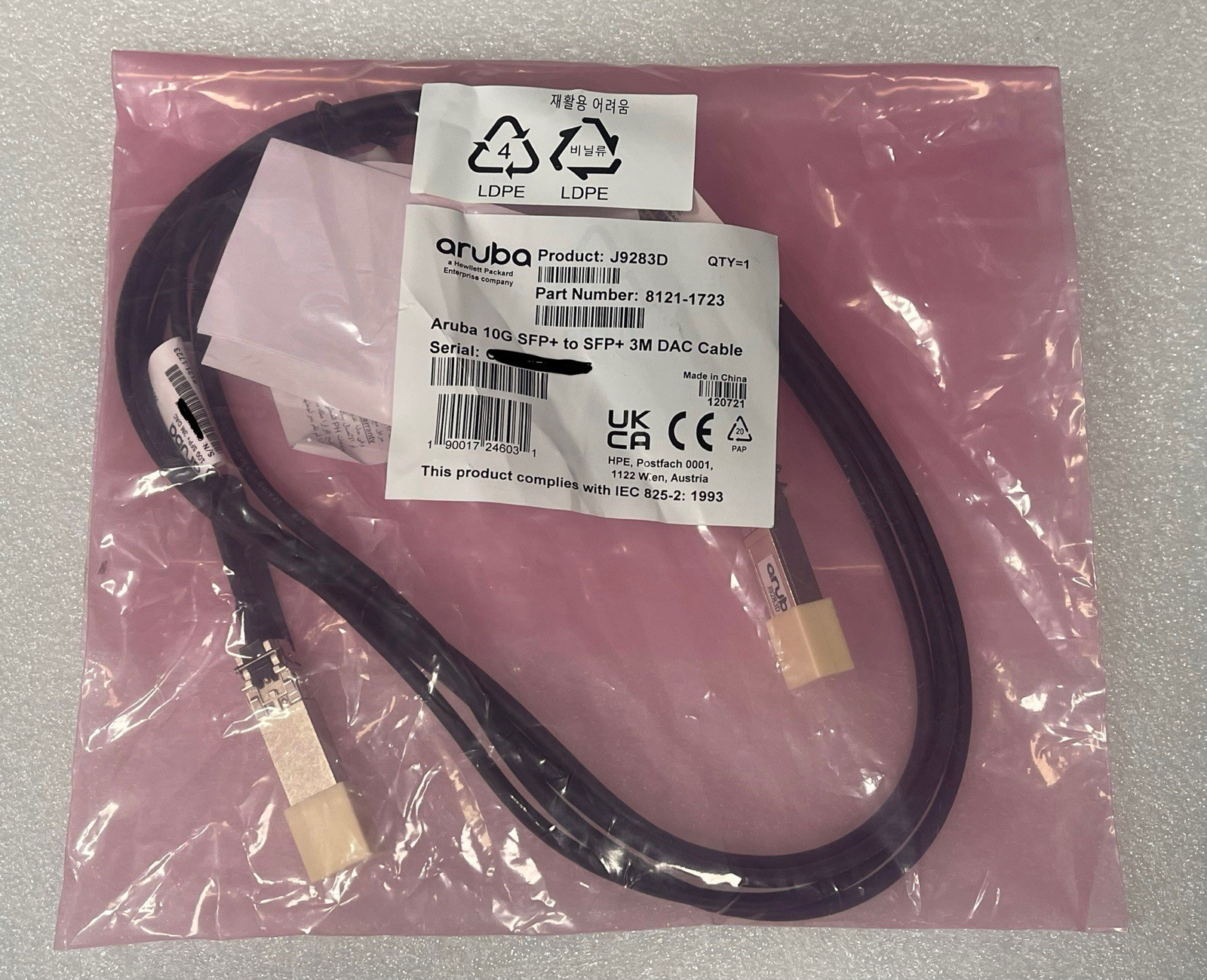 J9283D HP Aruba  10G SFP+ 3m Direct Attach Copper Cable