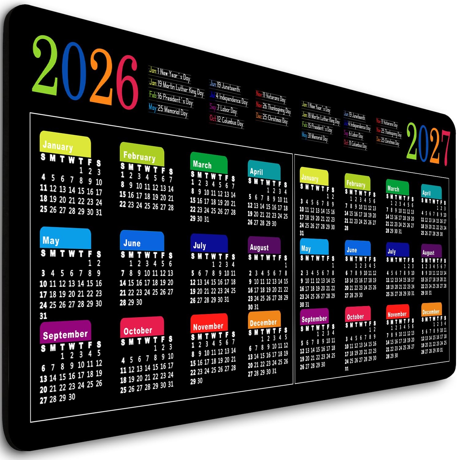 Large Gaming Mouse Pad 2026-2027 2 Year Calendar with Holidays Modern Black B...
