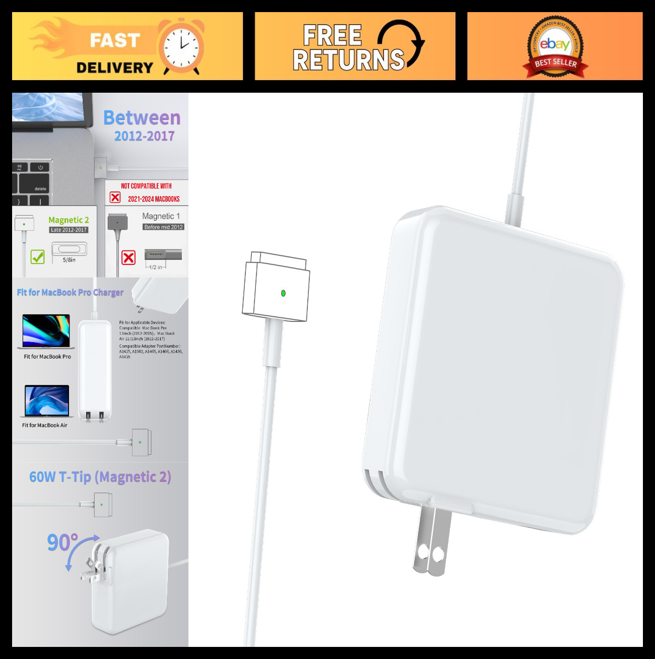 60W T-Style Magnetic Charger for MacBook Pro/Air 11/13" 2012-2017, Power Adapter