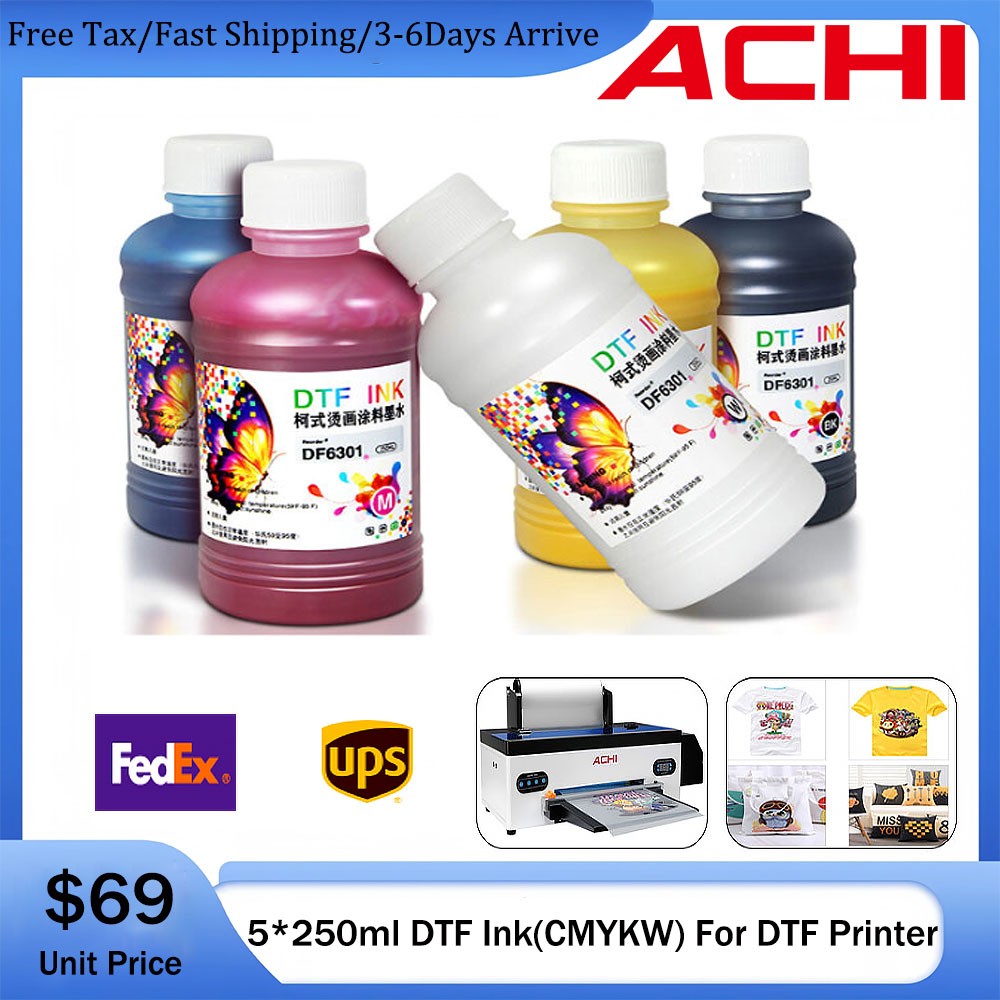 ACHI 5 Color DTF INK For Epson A3 DTF T-Shirt Printer CYMKW 5 X 250ml
