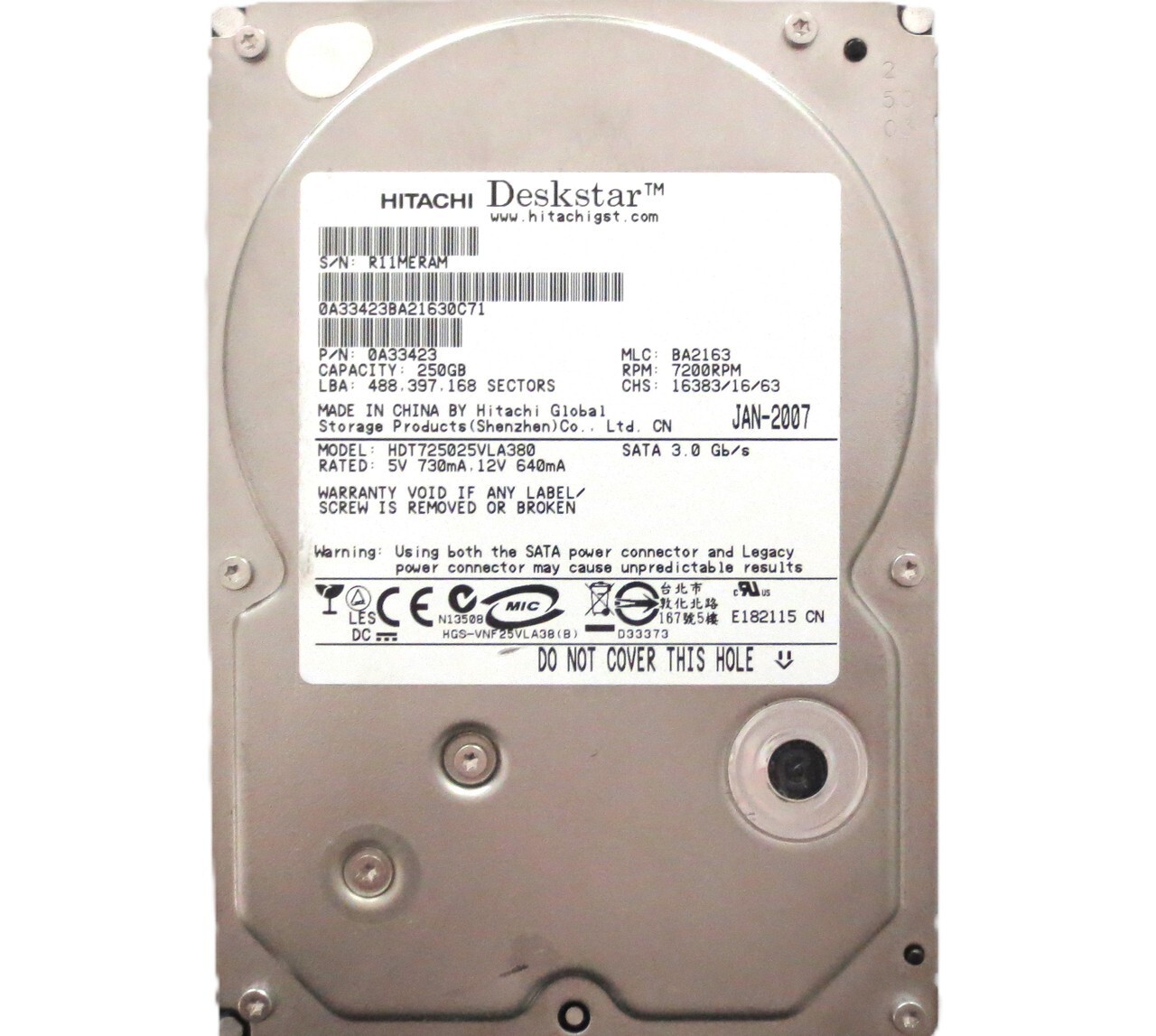 Hitachi HDT725025VLA380 0A33423 BA2163 China 3.5" 250gb Sata hard drive 2007