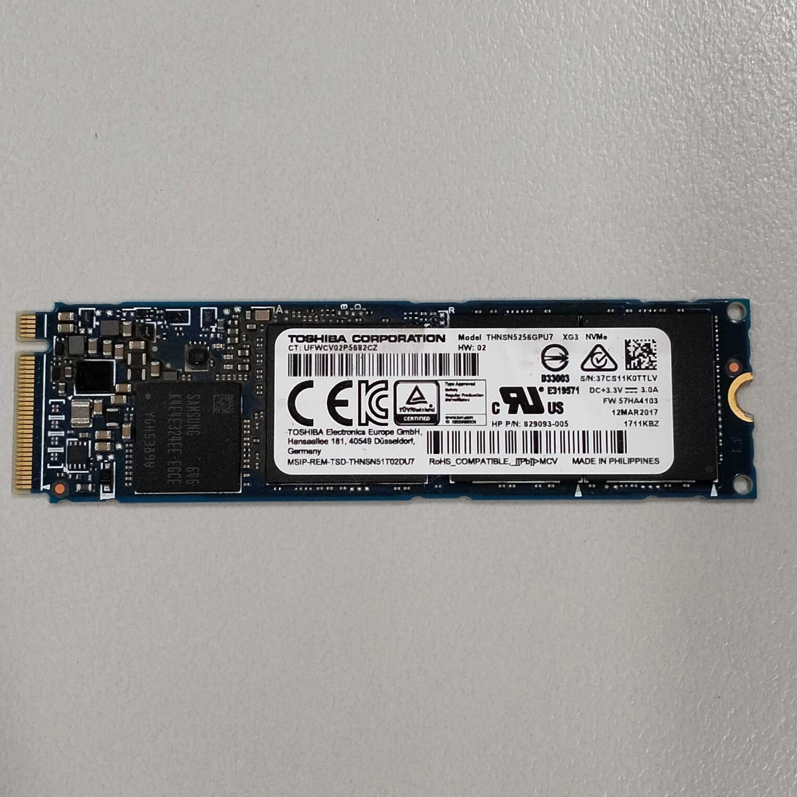 Toshiba XG3 256GB M.2 2280 NVMe PCIe 3.0 x4 MLC SSD THNSN5256GPU7 HP 829093-005
