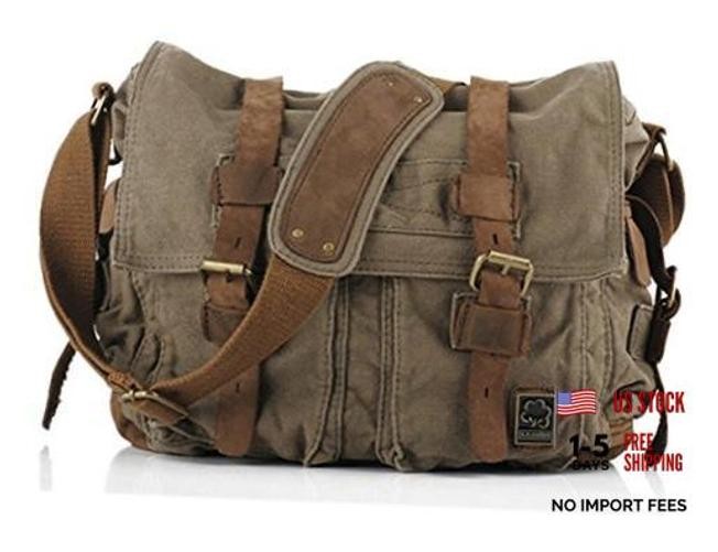 Vintage Military Leather Canvas Laptop Bag Messenger Medium--15‘’ Army Green