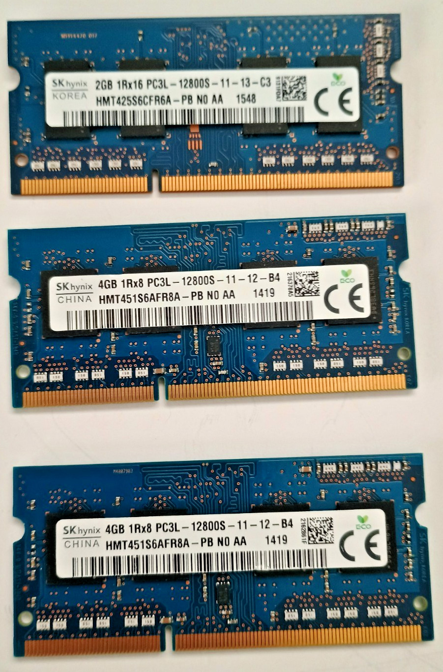 3x DDR3 Laptop RAM PC3L-12800S SO-DIMM Mixed SK Hynix 2GB + 4GB + 4GB 10GB Lot