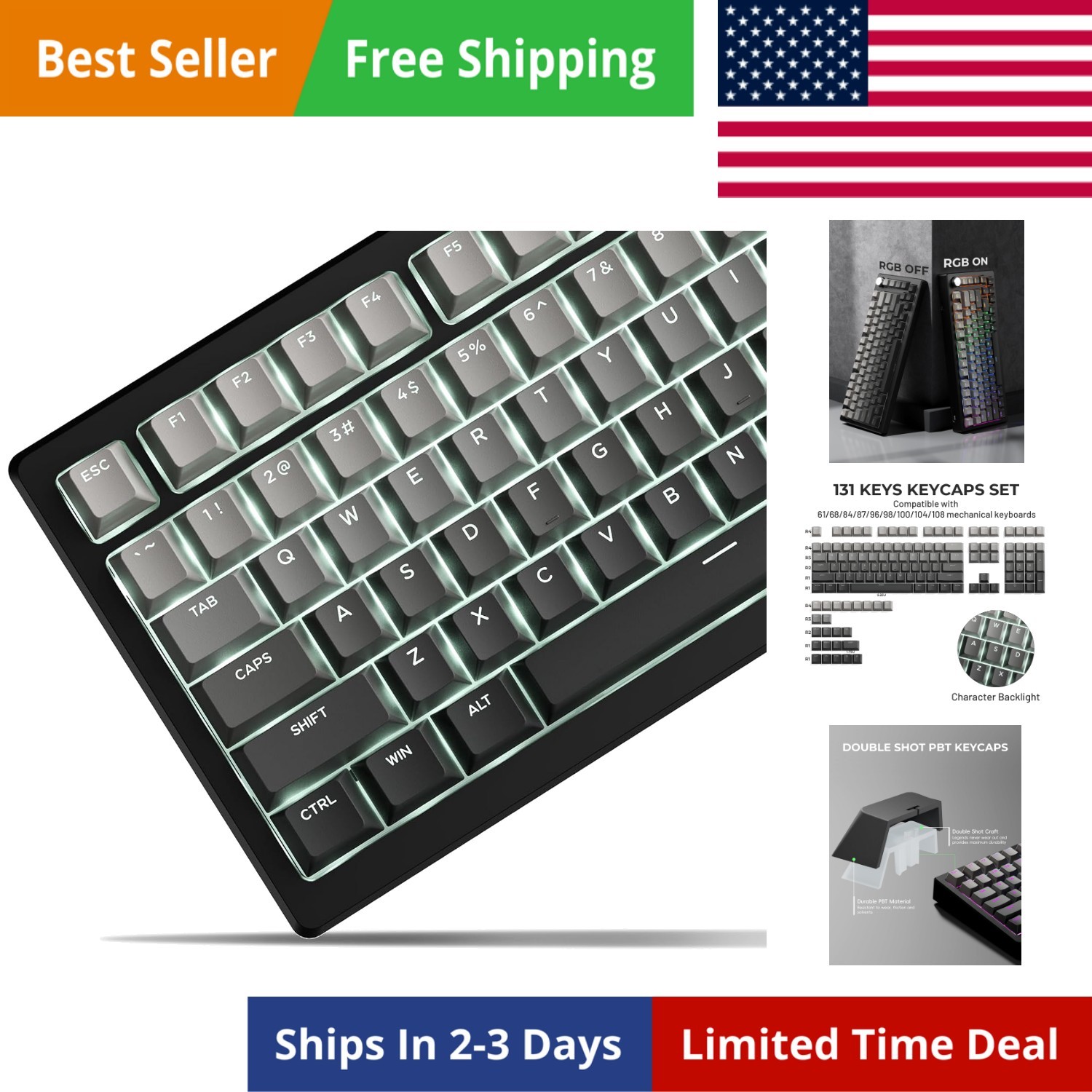 x XVX Shine Through PBT Keycaps, Keycaps 60 75 100 Percent Cherry Profile, Do...