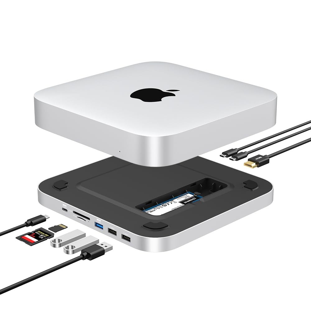 GEWOKLIY Hub & Stand SSD Enclosure NVME/SATA M.2, Mac Mini Dock 4K HDMI,USB C