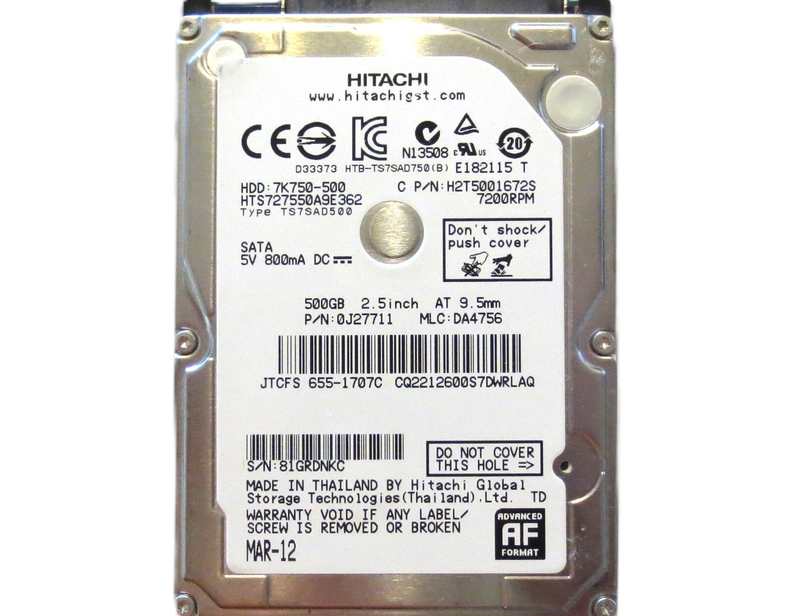 Hitachi HTS727550A9E362 0J27711 MLC:DA4756 (81G) 500gb 2.5" Sata Thailand 2012
