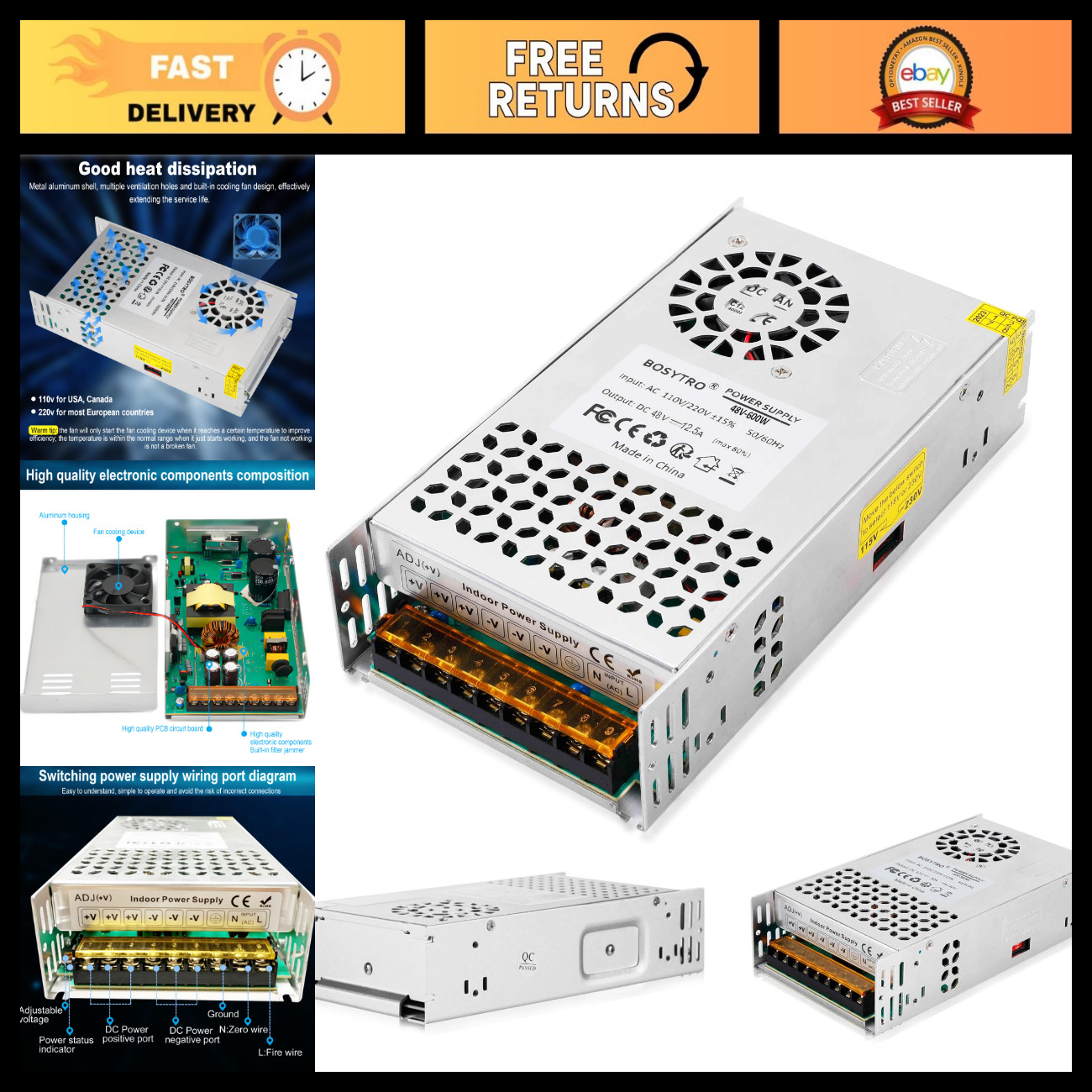 48V 12.5A 600W DC Power Supply, Universal AC110V/220V, LED Light Strip, Security