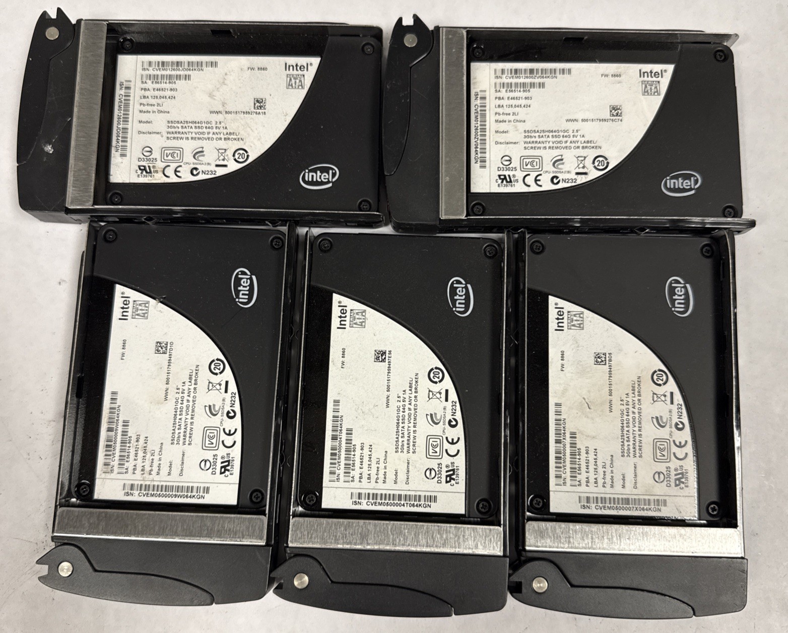 Lot of 5 Intel X25-E Extreme 64GB 2.5” SLC SSD SSDSA2SH064G1GC Health  90%