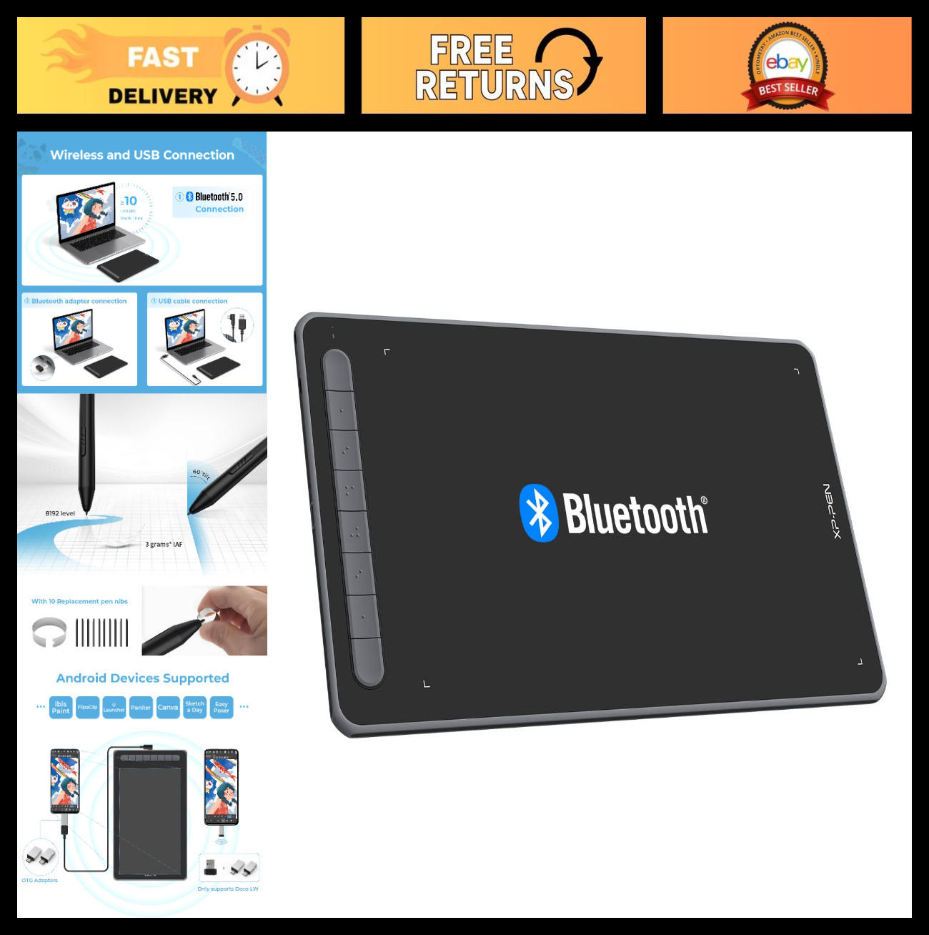 Wireless Drawing Tablet 10x6 - Bluetooth Graphic Tablet with Battery-Free Stylus