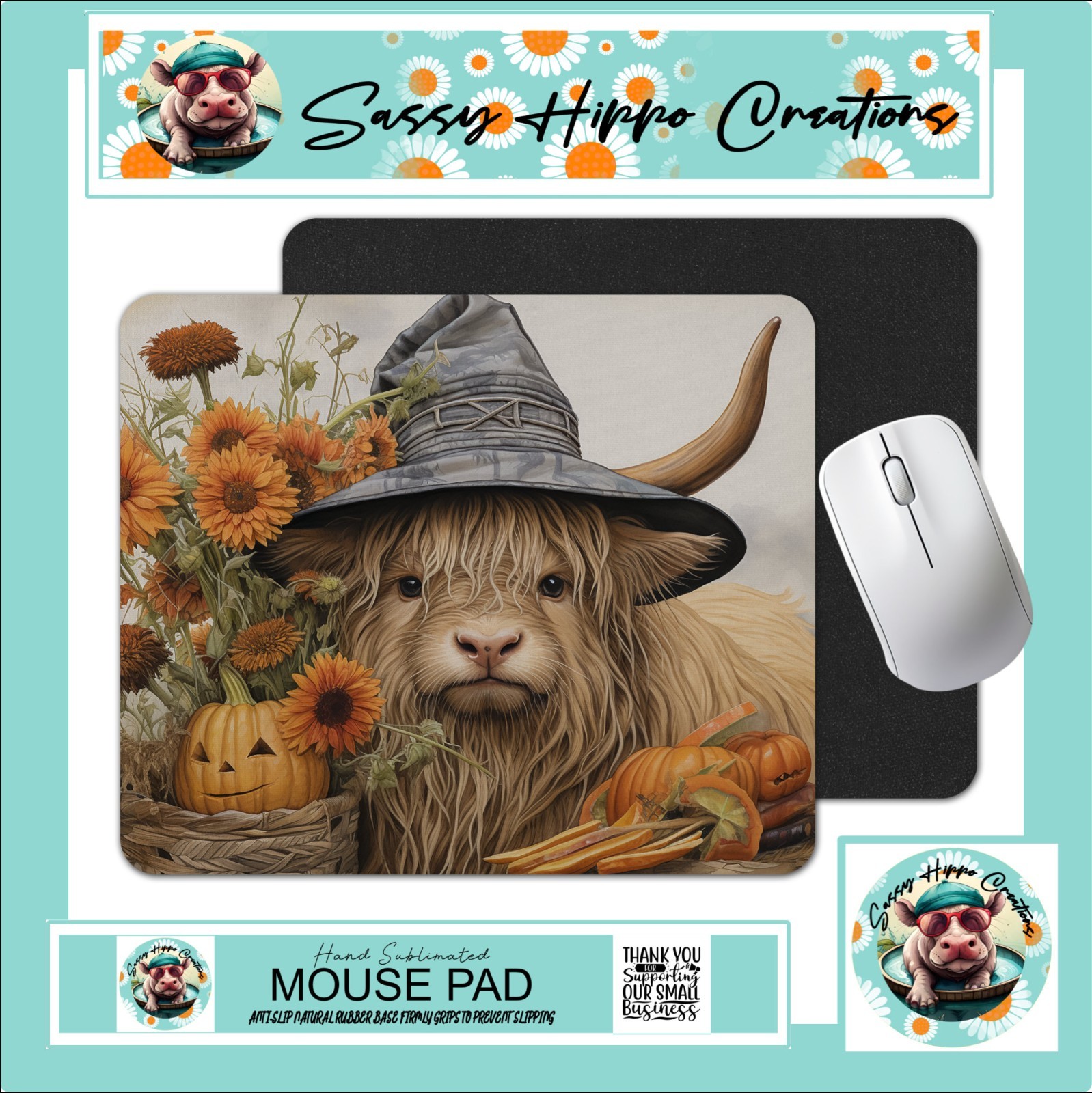 Mouse Pad Highland Cow Autumn Fall Pumpkin Flowers Anti Slip Back Easy Clean