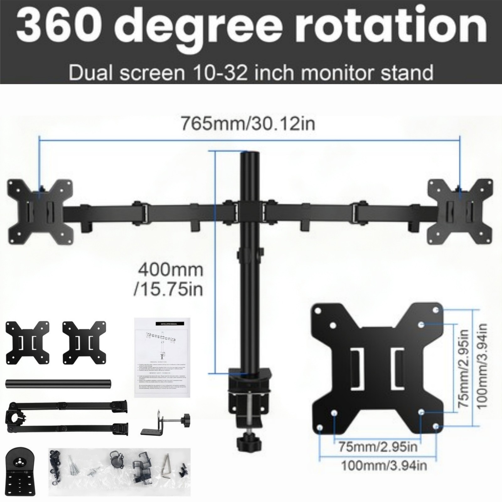 360 Degree DUAL ARM ARTICULATING LCD MONITOR DESK MOUNT BRACKET 10-32"