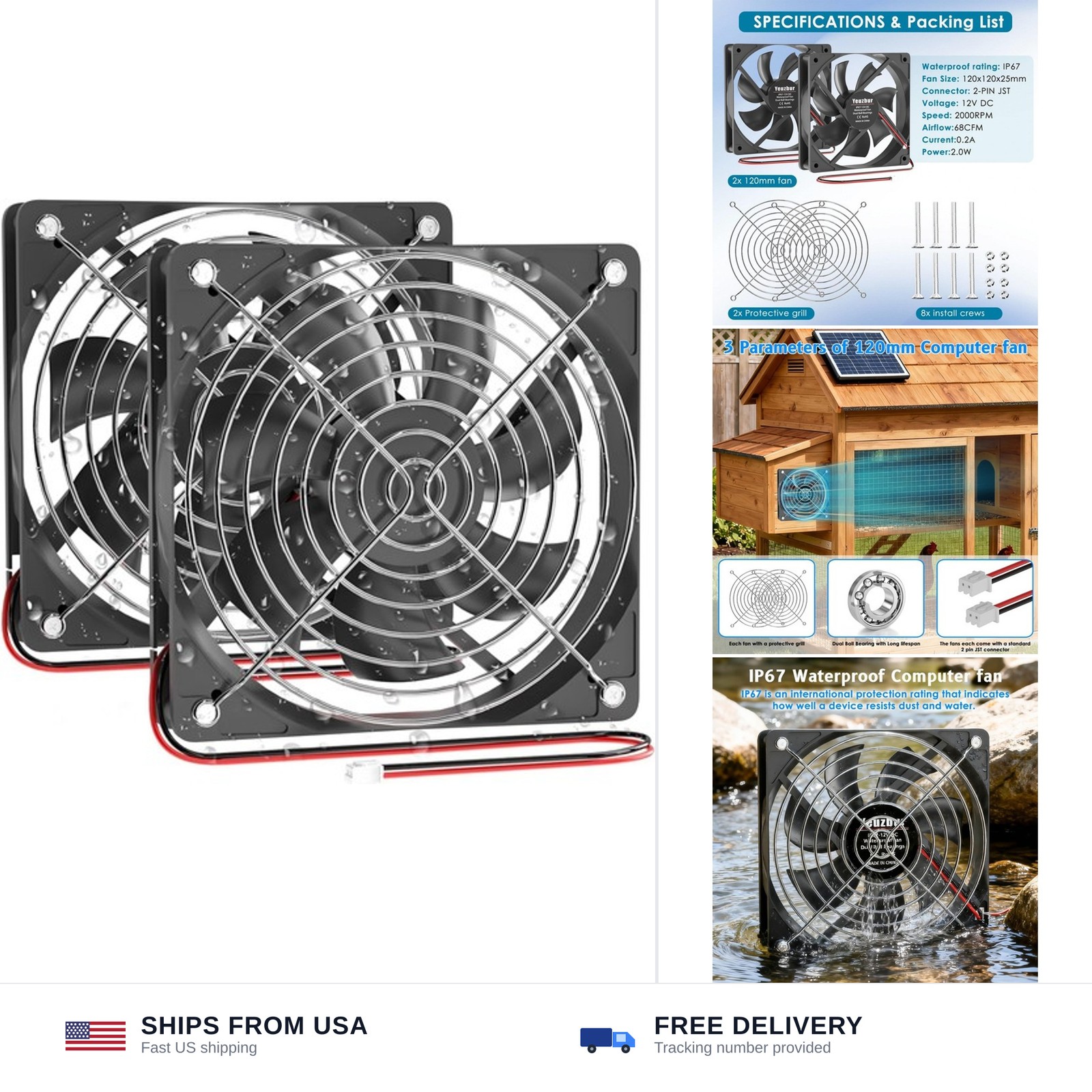 12V Waterproof Cooling Fan 120mm IP67 Dustproof 2 Pack Industrial