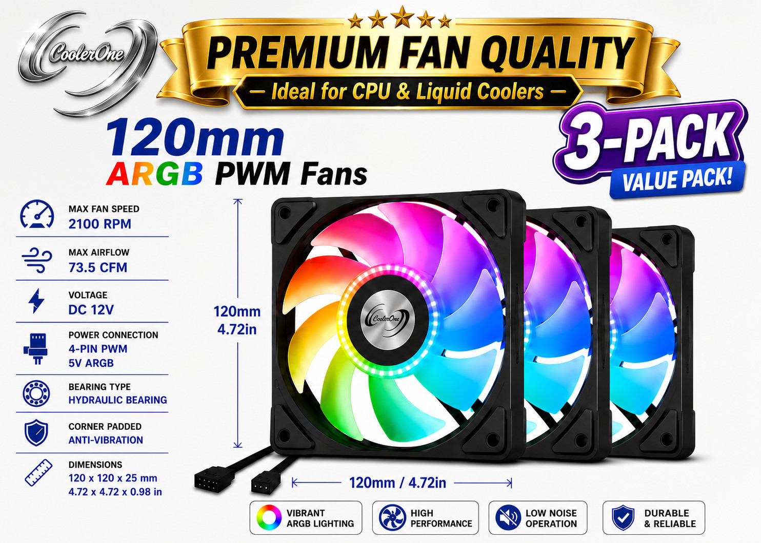 CoolerOne 120mm ARGB PWM Case Cooling Fans 3-Pack 2100 RPM Hydraulic Bearing
