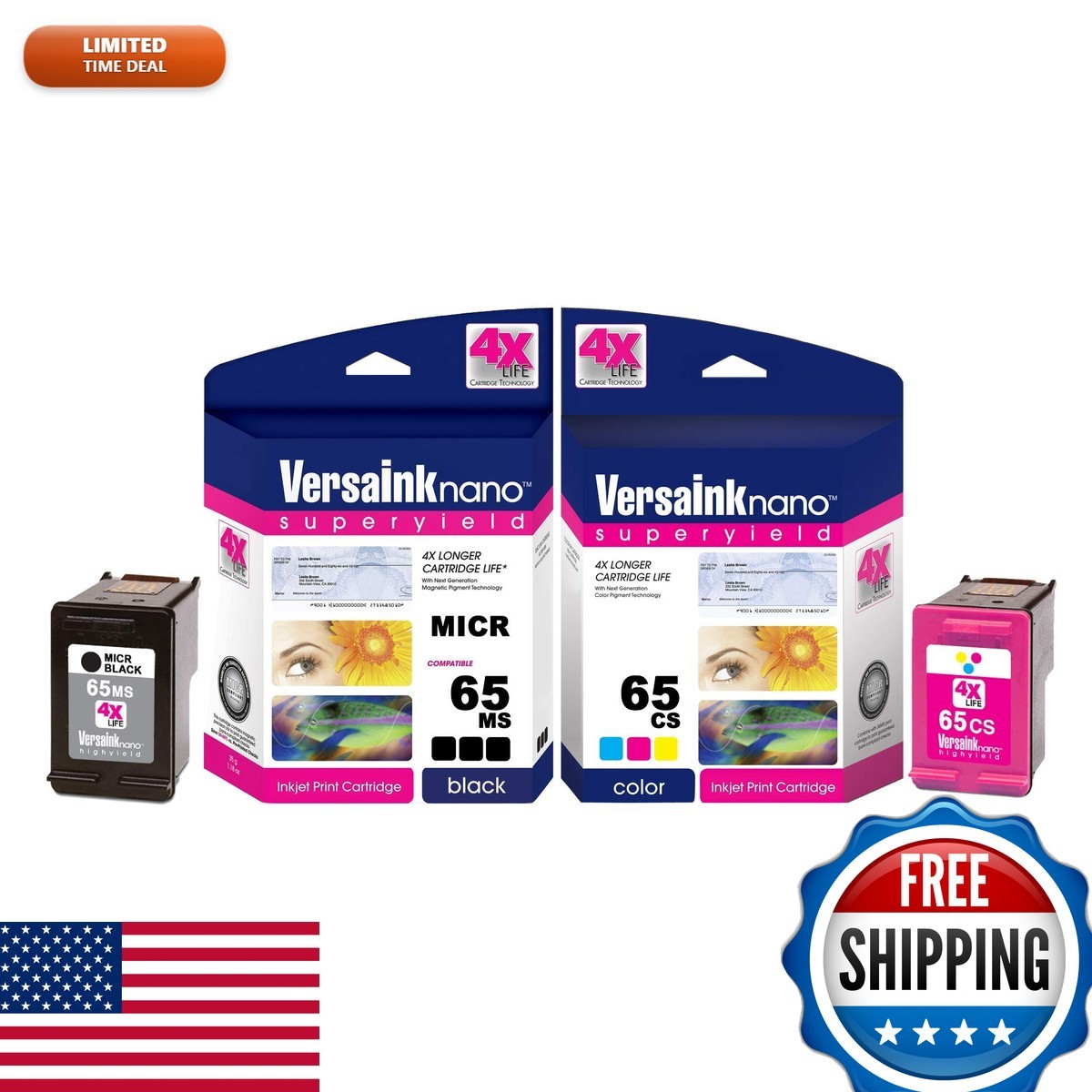 VersaInk HP 65 MICR Black & Tri-Color Ink Cartridge Combo Pack for Check