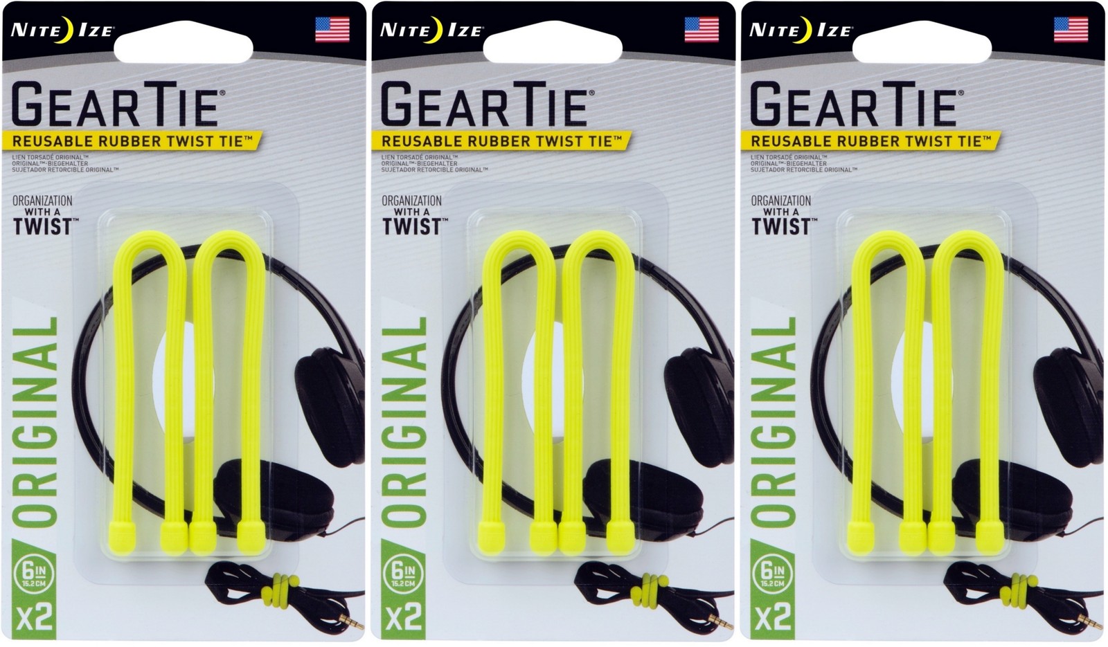 Nite Ize 2-Pack Gear Tie Reusable Rubber Twist Tie, 6" - Neon Yellow (3-Pack)