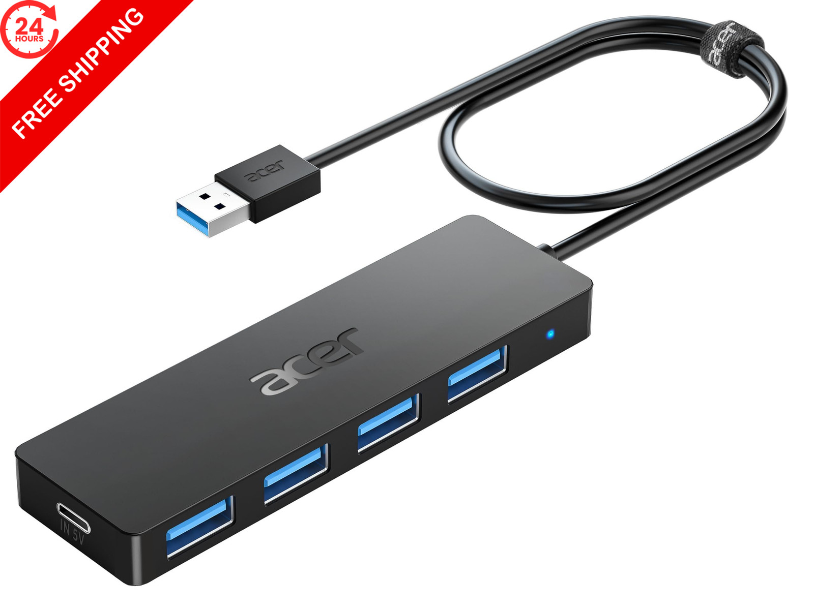 Acer USB Hub 4 Ports, Multiple 3.0 Hub, USBA Splitter for 2ft, Black