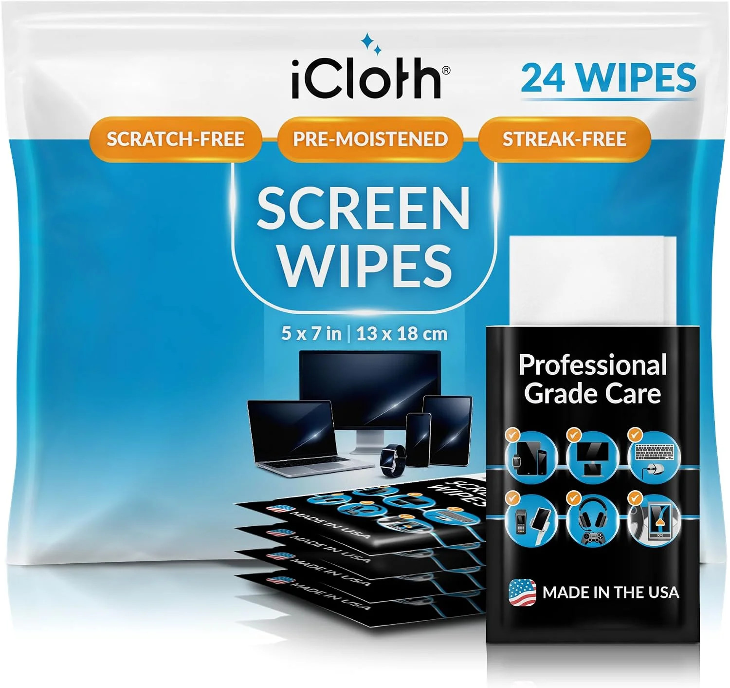 Screen Cleaner Wipes Individually Wrapped Travel Size Streak-Free (24 Large Wip