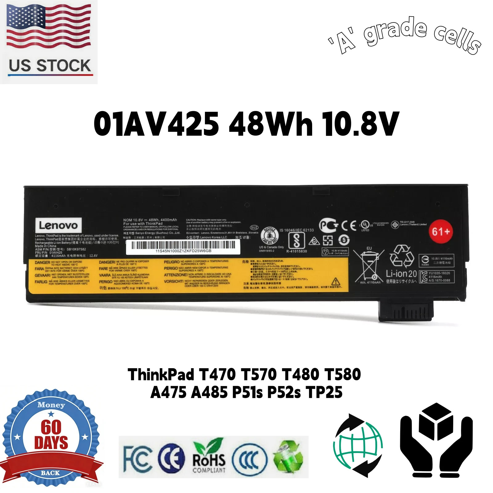 61+ 48Wh Genuine OEM Battery for Lenovo ThinkPad T470 T480 T570 T580 P51s P52s