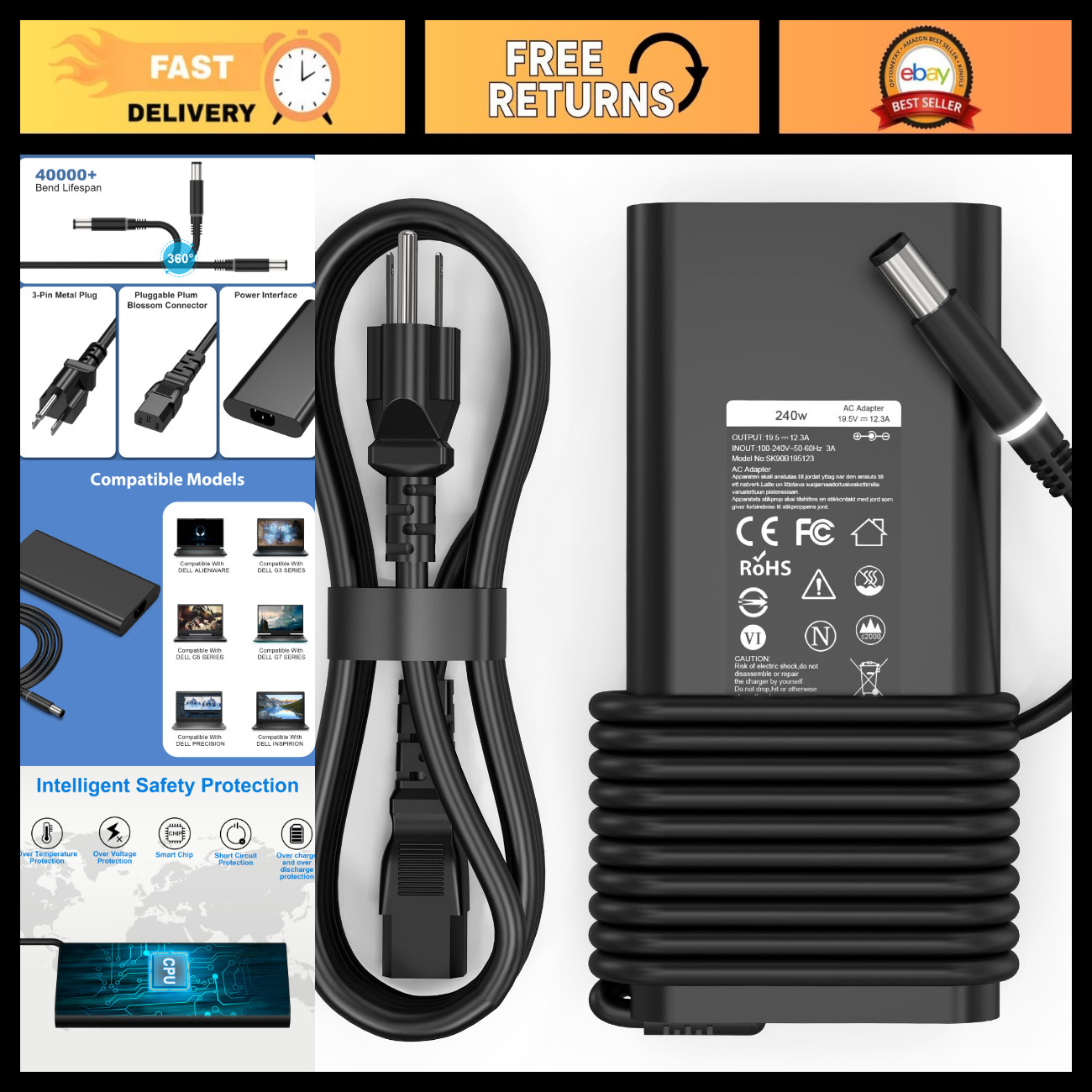 240W 180W Laptop Charger 7.4mm Tip for Dell Alienware & Precision Models Power A