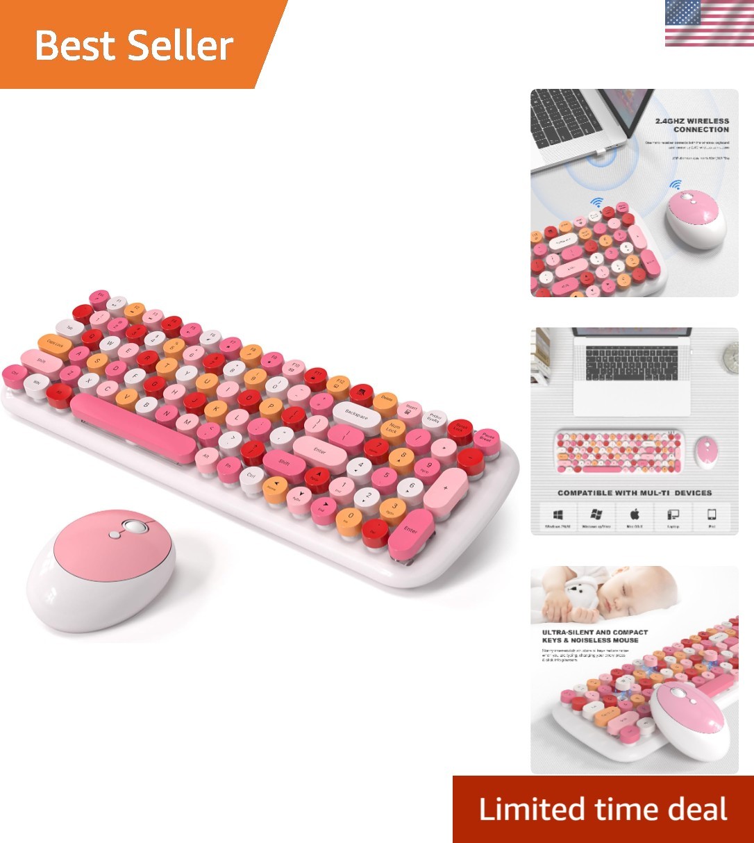 2.4G Wireless Retro Round Keyboard Set with Colorful Mouse – Portable Duo