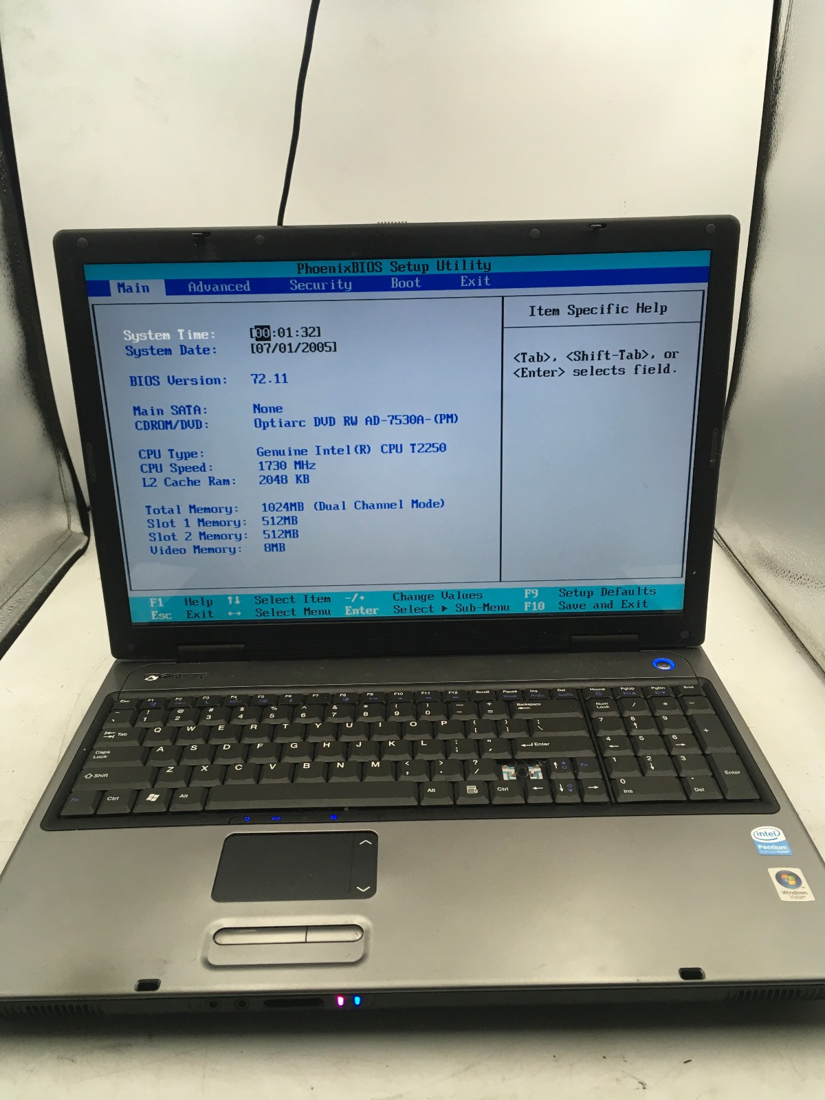 GATEWAY PA6A MX8715 - BOOTS TO BIOS - INTEL T2250 - 1GB RAM - 16" - READ DESC-BB