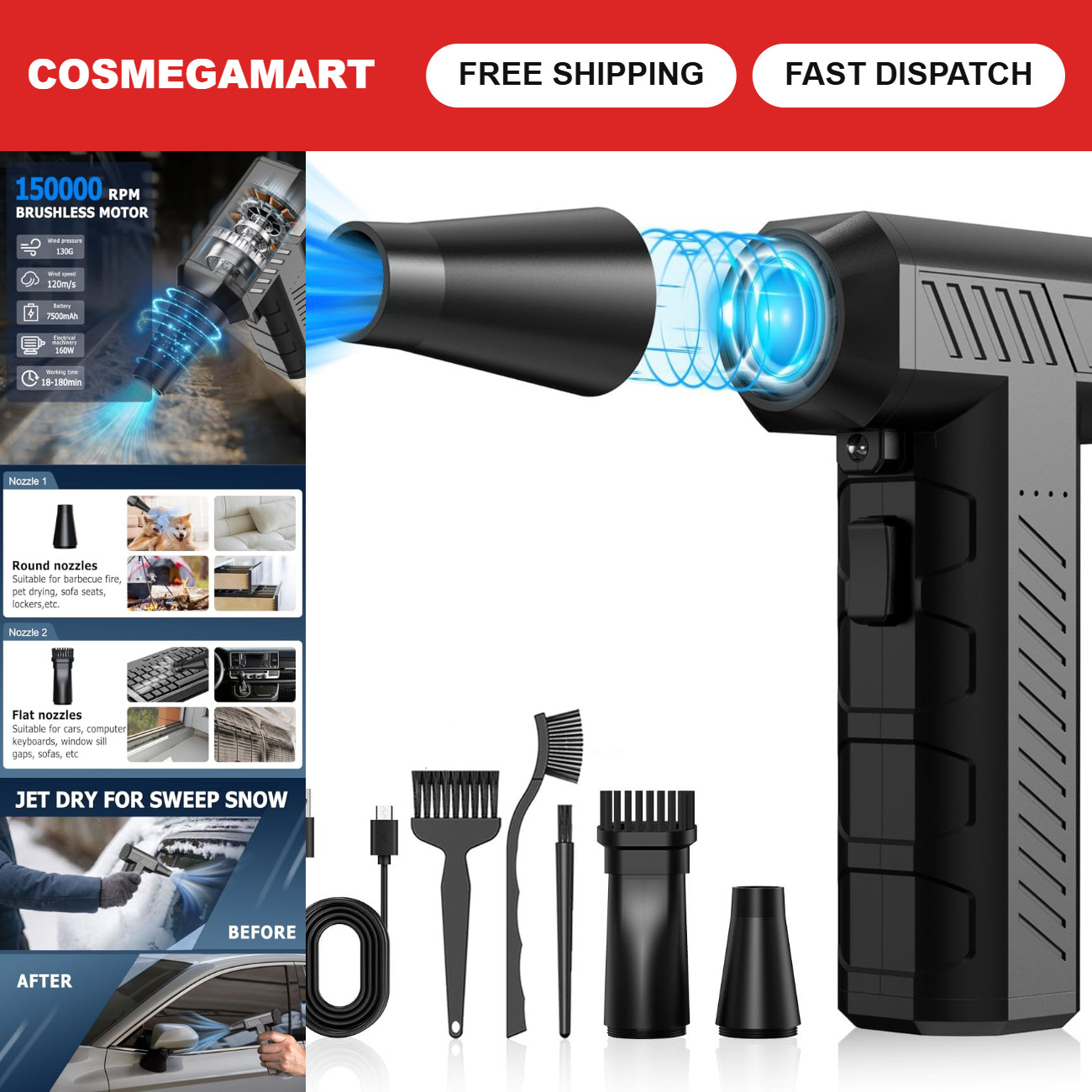 Cordless Electric Air Duster - 150,000 RPM Turbo Fan, Jet Dry Blower for PC & Ca