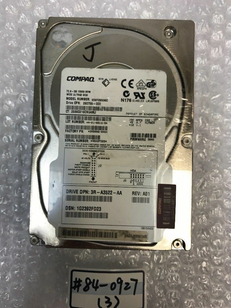 - Compaq 72.8GB 10K U320 SCSI HDD 3R-A3522-AA  260755-002 9R6006-048