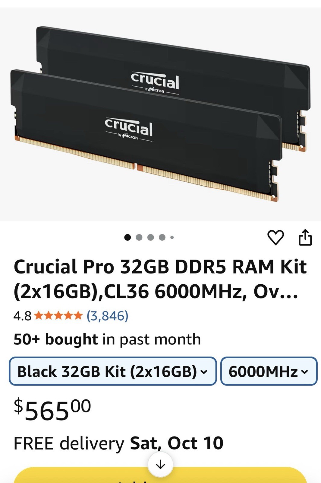 Crucial DDR5 Pro 32GB (2x16GB) DDR5-6000 UDIMM Non-ECC CP16G60C36U5B