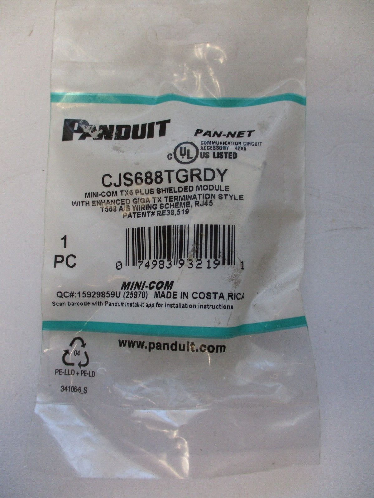 PANDUIT PAN-NET, CJS688TGRDY TX6 SHIELDED MODULE WITH ENHANCED GIGA TX TERM. 