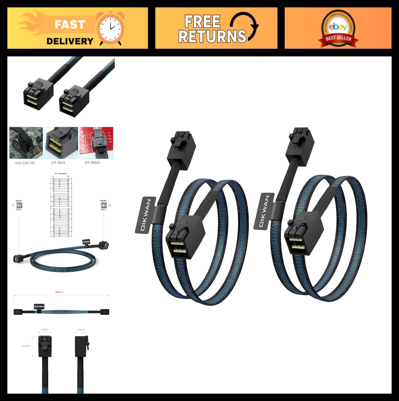 "2 Pack 12G Mini SAS HD SFF-8643 to SFF-8643 Cable, 0.8m (2.6ft) - High-Speed Da