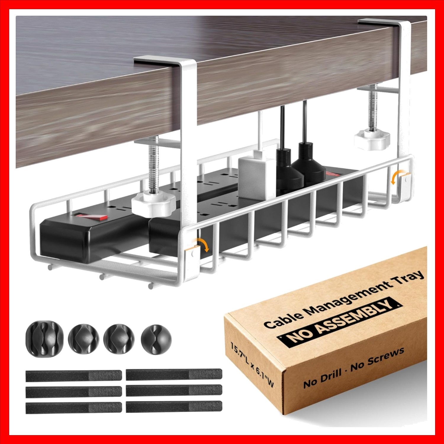 Space-Saving Under Desk Wire Organizer with Included Clips & Ties - White Finish